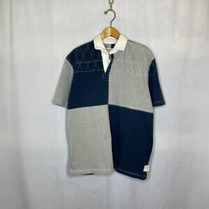 Men's Large Orvis Sample Blue Patchwork Contrast Stitch Polo Shirt Cotton NWOT